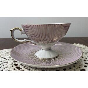 Vintage Lefton Violet with Gold Accents Trim Lusterware Pedestal Teacup & Saucer